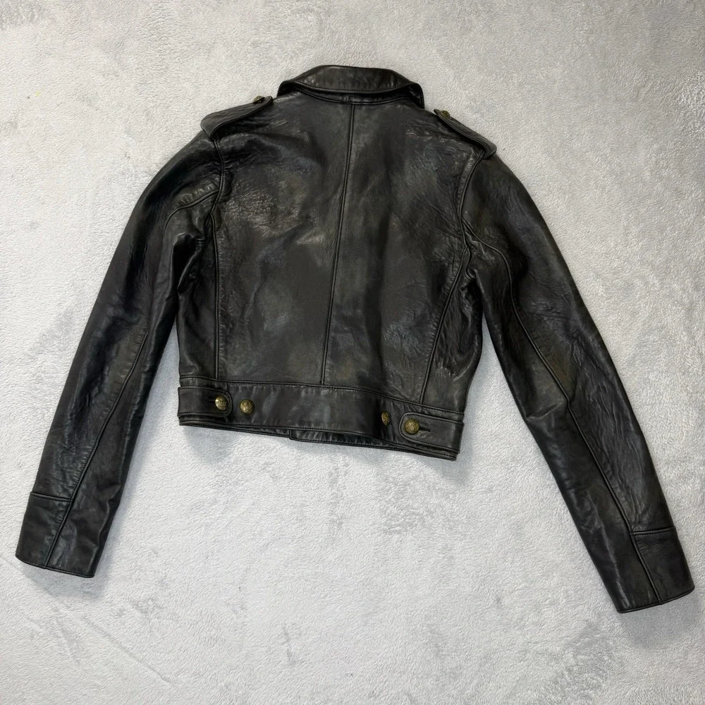 Ralph Lauren Blue Label Womens M Black Leather Cropped Military Jacket Brass